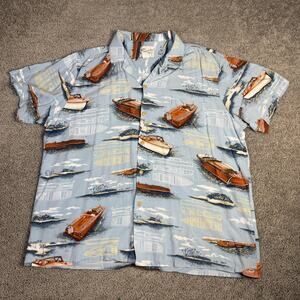 Diamond Head Sportswear Shirt Mens 2XL Blue Boat Print Rayon Button Up